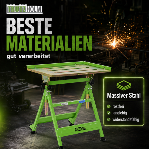 Trutzholm mobiler Schweißtisch aus massivem Stahl, rostfrei, langlebig und widerstandsfähig in einer Werkstatt. Trutzholm Logo.