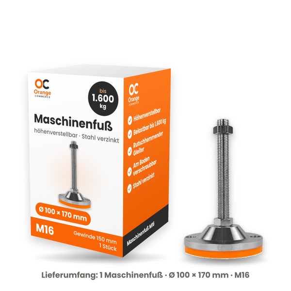 Maschinenfuß aus verzinktem Stahl, höhenverstellbar mit M16 Gewinde, Durchmesser 100 mm, Länge 170 mm, Tragkraft bis 1600 Kilogramm.