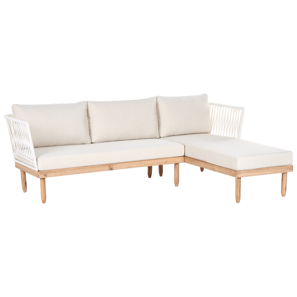 Modernes Garten-Ecksofa mit Holzgestell, hellen Kissen und Armlehnen aus Seilgeflecht.