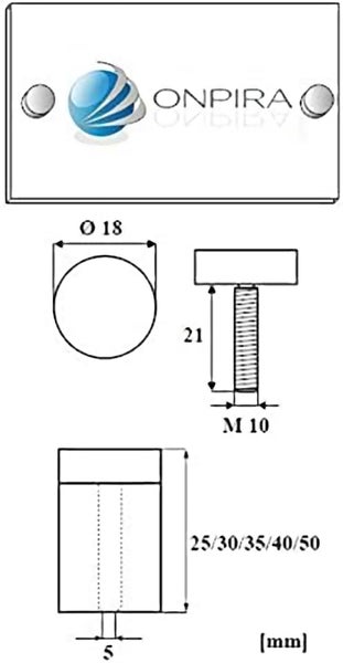Technische Zeichnung eines zylindrischen Knopfes von Onpira mit Maßangaben für Durchmesser und Schraubgewinde in Millimetern.