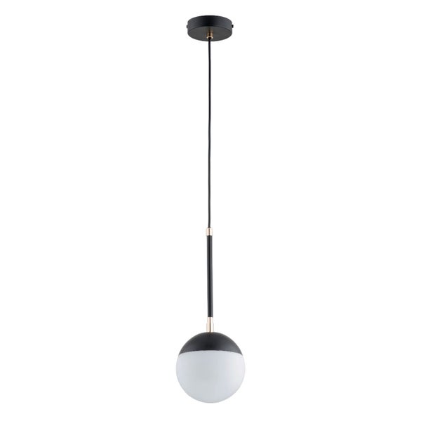 Moderne Pendelleuchte mit einer Glaskugel und metallischen Details
