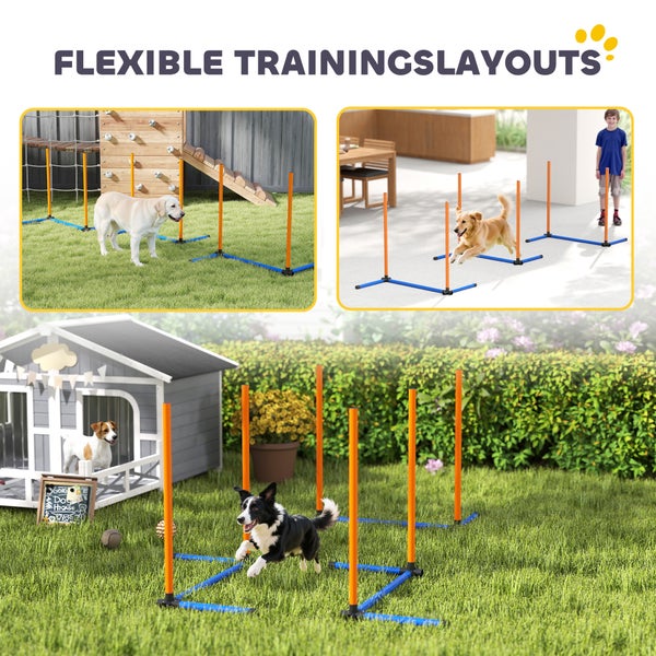 Agility-Set für Hunde mit variablen Stangen und Hürden für Slalom- und Sprung training im Garten oder auf der Terrasse.