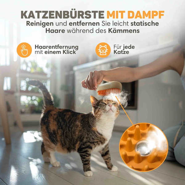 Dampfbürste zur Katzenpflege beim Bürsten, entfernt lose Haare und reduziert statische Aufladung, mit einfacher Klickfunktion zur Haarentfernung.