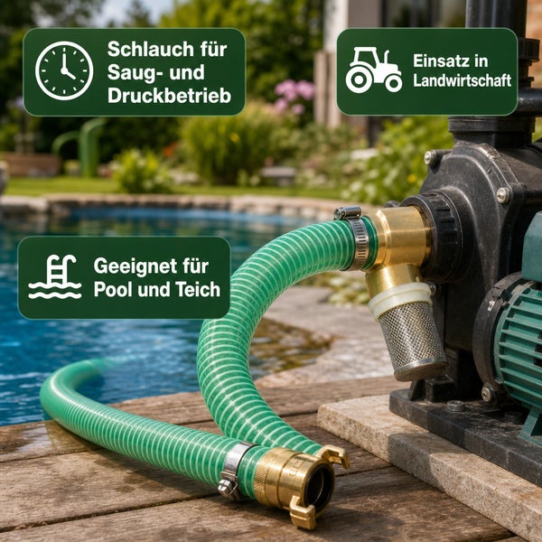 Saugschlauch mit Messinganschlüssen und Filter an einer Pumpe neben einem Pool. Geeignet für Saug- und Druckbetrieb, Landwirtschaft, Pool und Teich.
