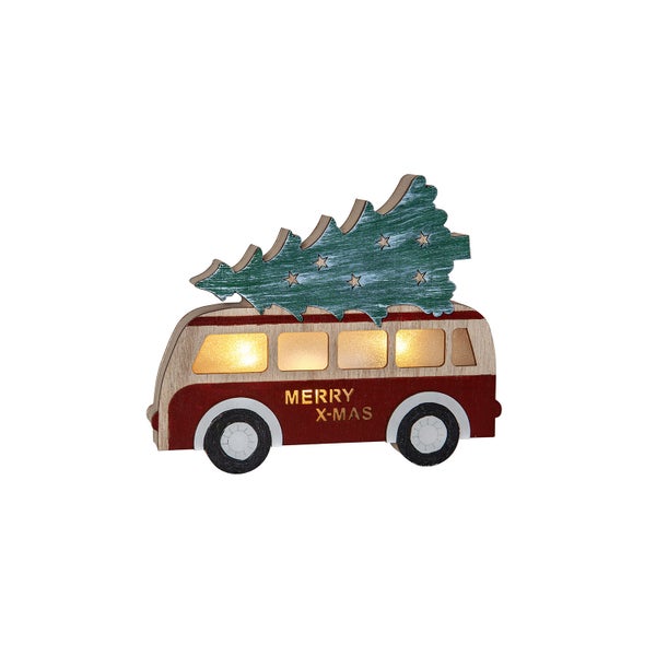 Dekorativer Holzbus mit Weihnachtsbaum als Weihnachtsdekoration