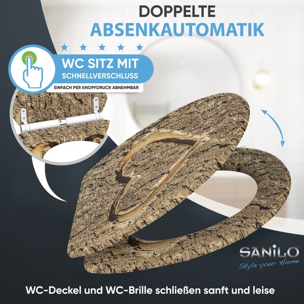 Sanilo WC Sitz mit Baumrinden Optik, doppelter Absenkautomatik und Schnellverschluss zum leichten Abnehmen per Knopfdruck.