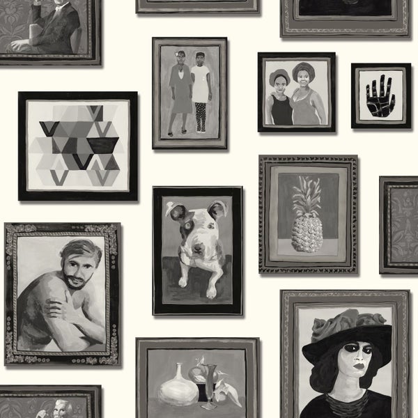 Wand mit gerahmten Gemälden in verschiedenen Stilen