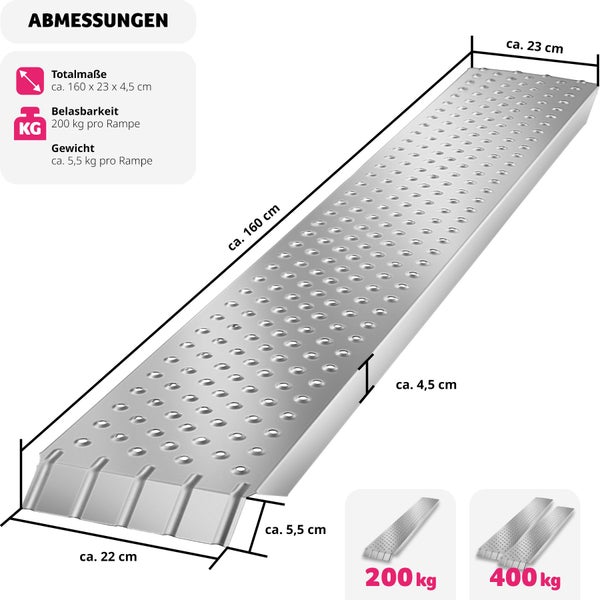 Auffahrrampen tectake Sven 160 x 23 x 4,5 cm 2er Set silber