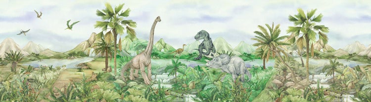 Illustration einer Dinosaurierlandschaft mit Bergen, Seen, Palmen und verschiedenen Dinosauriern