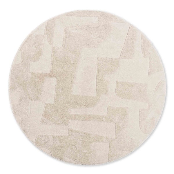 Runder Teppich mit abstraktem geometrischem Reliefmuster in Beige.