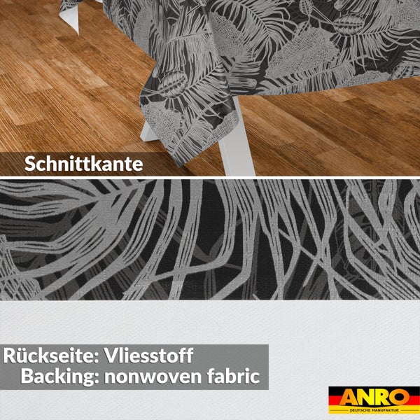 Tischdecke mit tropischem Blattmuster, Schnittkante und Rückseite aus Vliesstoff. ANRO Logo.