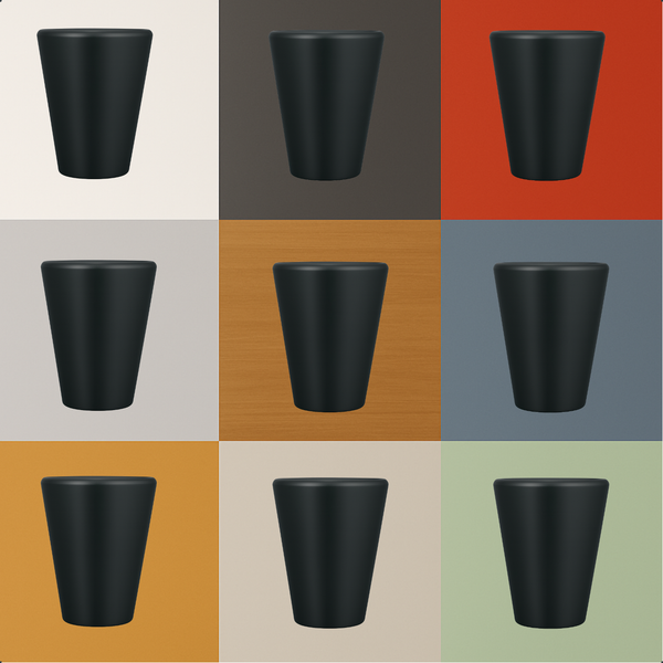 Mehrere Ansichten eines schwarzen Pflanzgefäßes