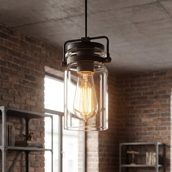 Industrie Pendelleuchte aus Glas mit Edison Glühbirne vor einer Ziegelsteinwand