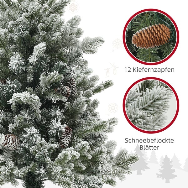 HOMCOM Künstlicher Weihnachtsbaum, 100 cm Christbaum mit 130 Spitzen, Kunstschnee, Blumentöpfe, flammenhemmend, für Weihnachten Deko, Grün+Gold