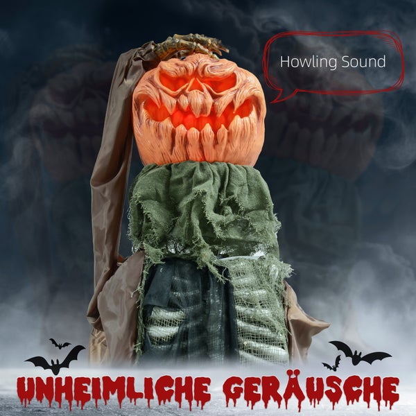 HOMCOM 183cm Halloween Dekoration Skelett-Kürbis mit LED-Lichter, Soundfunktion, Haustür Deko mit verstellbarem Kopf, Garten Dekofigur in Lebensgröße für Party