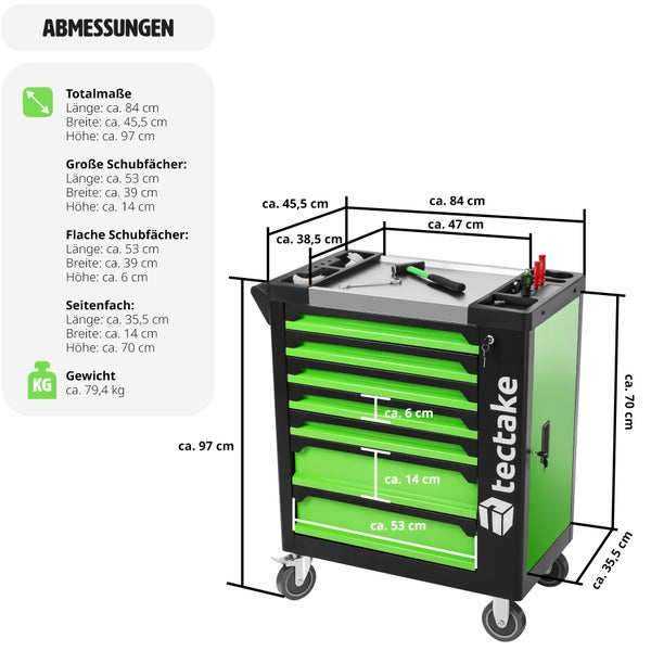 Werkzeugwagen tectake  bestückt, 1599-teilig, 7 kugelgelagerte Schubladen Rollen Ø 124 mm, Inklusive Kniebrett