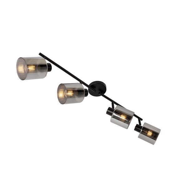 Deckenleuchte mit vier Leuchtenarmen und zylindrischen Lampenschirmen