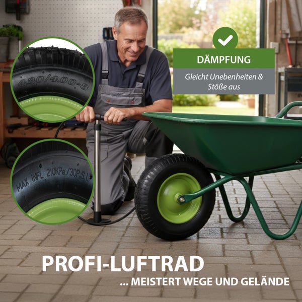 Ein Handwerker pumpt das luftgefüllte Schubkarrenrad einer Schubkarre auf, Details zu Reifengröße und Luftdruck sind in Kreisen hervorgehoben.