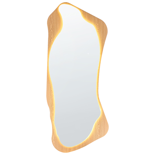 Organisch geformter Wandspiegel mit LED Beleuchtung und Holzrahmen