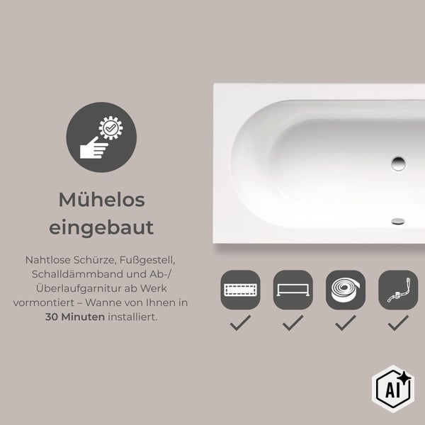 Rechteckige Badewanne mit vormontierter Schürze, Fußgestell, Schalldämmband und Ablaufgarnitur für eine einfache Installation in 30 Minuten.
