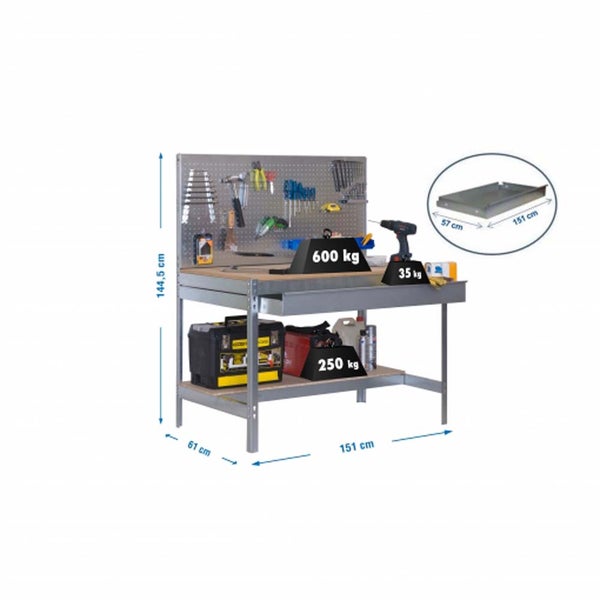 PROREGAL Werkbank Buffalo mit Werkzeugwand und Schubfach HxBxT 84 x 150 x 61 cm Traglast 600 kg Verzinkt