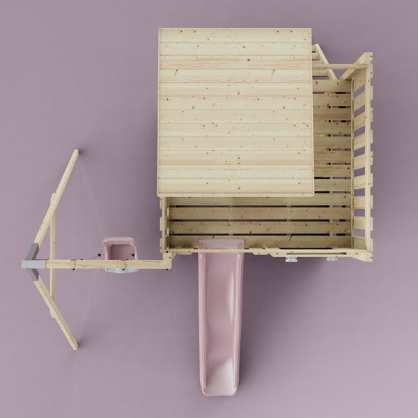 Draufsicht eines Spielturms aus Holz mit Dach, Balkon, Rutsche und Schaukelanbau.