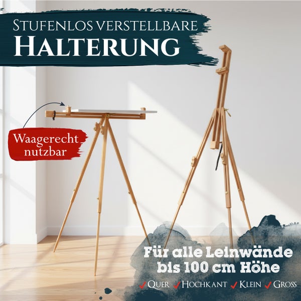 Stufenlos verstellbare Holz Staffelei für Leinwände bis 100 Zentimeter Höhe, waagerecht und senkrecht nutzbar