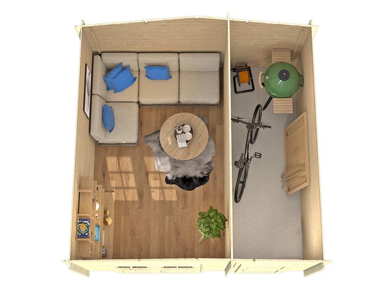 Draufsicht auf ein Gartenhaus aus Holz mit zwei Räumen, eingerichtet als Wohnbereich mit Sofa und Abstellraum mit Fahrrad und Grill.