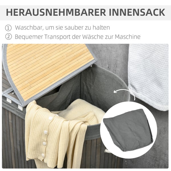 HOMCOM Bambus Wäschekorb mit Deckel 100L Wäschesammler mit Griffen, 2 herausnehmbarer Wäschesack, Wäschesortierer Wäschebox für Waschküche, Badezimmer, Schlafzimmer, Grau