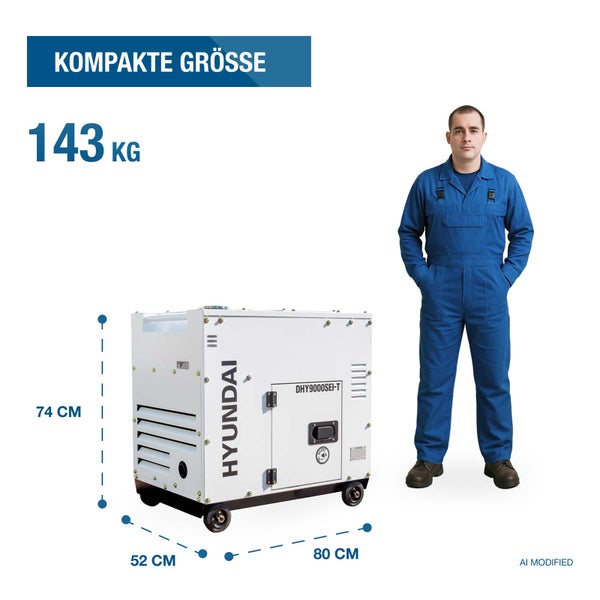 Hyundai Stromerzeuger DHY9000SEI-T mit Anzeige der Masse von 143 Kilogramm und den Abmessungen 80 mal 52 mal 74 Zentimeter neben einer Person.