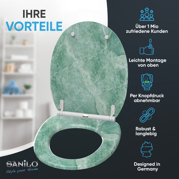 Sanilo WC Sitz mit Marmor Optik und Funktionen wie leichte Montage, abnehmbar per Knopfdruck sowie robuste und langlebige Eigenschaften.