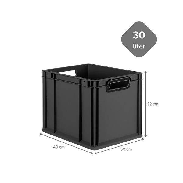 PROREGAL SuperSparSet 4x Eurobox NextGen Color mit Auflagedeckel und Schiebeschnappverschlüsse, HxBxT 32x30x40cm, 30 Liter, Schwarz, Griffe schwarz offen, Eurobehälter, Transportbox, Transportbehälter, Stapelbehälter