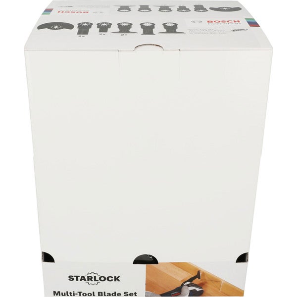 Bosch Starlock Multi-Tool Sägeblatt-Set in der Verpackung mit Abbildungen von verschiedenen Aufsätzen für Multifunktionswerkzeuge und Bosch Logo.