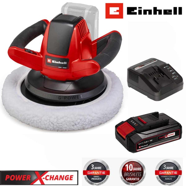 Einhell 18 Volt Akku-Poliermaschine Power X-Change mit Akku, Ladegerät und Polierhaube. Einhell Logo, Power X-Change Logo. Drei Jahre Garantie.