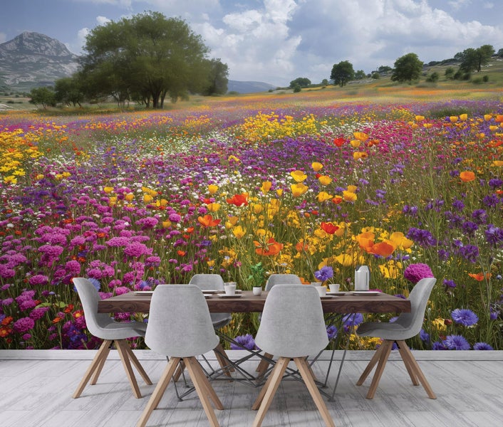 Fototapete mit Blumenwiese als Wandgestaltung in einem Esszimmer mit Holztisch und grauen Stühlen vor einer Berglandschaft.