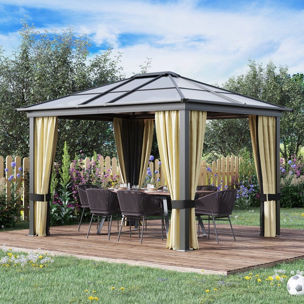 Outsunny Pavillon, Gartenpavillon, mit lichtdurchlässigem PC Dach, 300 x 360 x 265 cm, Alu, Schwarz+Braun+Beige