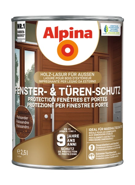 Alpina Holzlasur für Außen Fenster- und Türen-Schutz, Palisander, 2,5 Liter Dose mit bis zu 9 Jahren Schutz.