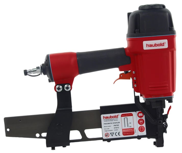 Haubold Drucklufttacker PN765 in Rot und Schwarz mit Magazin für Klammern
