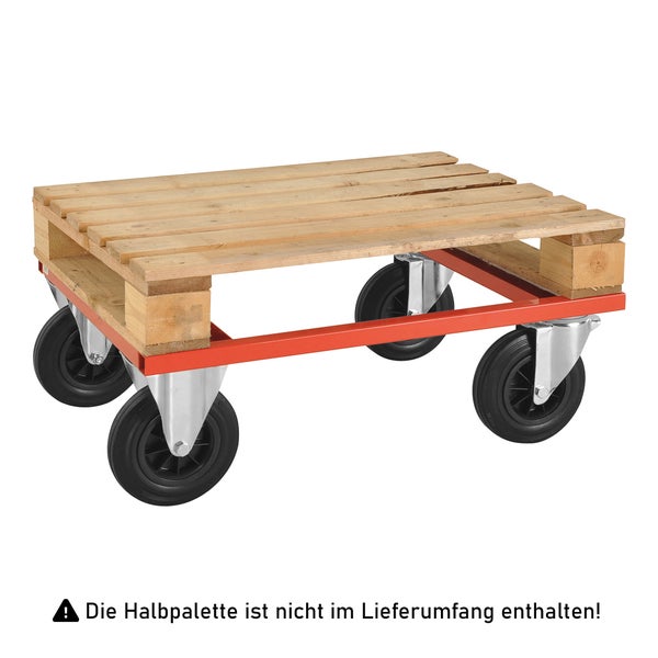Palettenroller mit Holzpalette und vier Rädern