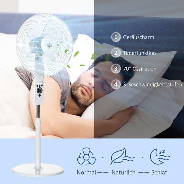 Geräuscharmer Standventilator mit Timer, 70 Grad Oszillation, 3 Geschwindigkeiten sowie Normal-, Natur- und Schlafmodus im Schlafzimmer.