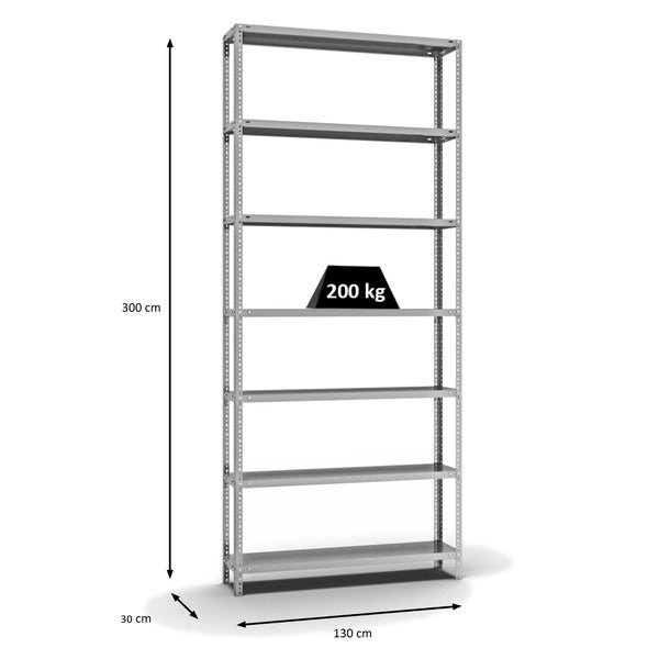 PROREGAL Fachbodenregal Schraubsystem Medium-Duty Grundregal HxBxT 300 x 130 x 30 cm 7 Ebenen Fachlast 200 kg Beidseitig Nutzbar Verzinkt