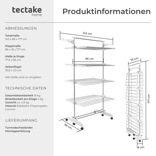 Turmwäscheständer tectake Odelia 6 drehbare Doppelrollen mit Feststellbremsen klappbar weiß/chrom