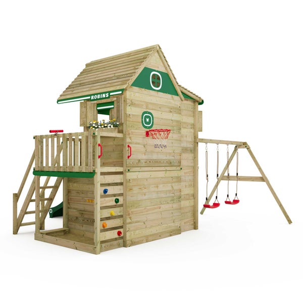 WICKEY Stelzenhaus Smart ArtHouse mit Schaukel und Rutsche,integriertem Sandkasten und großem Spielhaus mit massiver Treppe mit Handlauf, Fenstern, Rollos und Blumenkasten -  grün