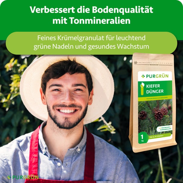 Gärtner mit Purgrün Kiefer Dünger 1 Kilogramm und Purgrün Logo. Text über verbesserte Bodenqualität mit Tonmineralien.