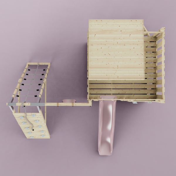 Spielturm aus Holz mit Rutsche, Schaukel, Kletterwand, Kletternetz und integriertem Sandkasten