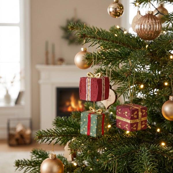 Weihnachtsbaum geschmückt mit hängenden Geschenk Anhängern und Christbaumkugeln in einem Wohnzimmer mit Kamin im Hintergrund