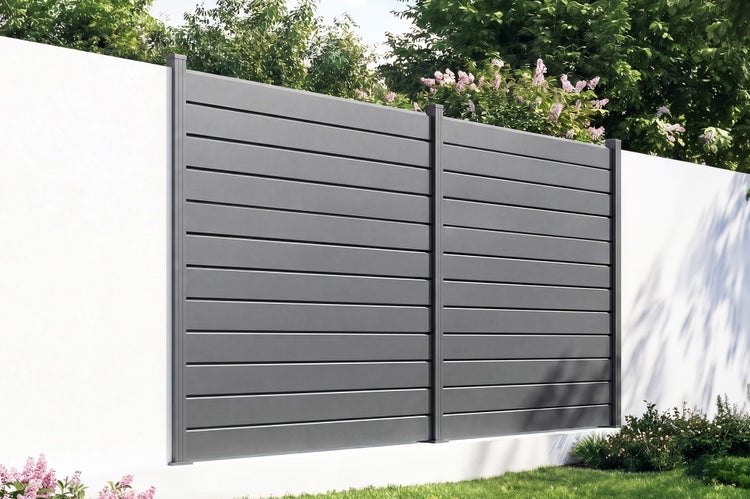 Moderner Sichtschutzzaun mit horizontalen Lamellen, montiert zwischen Pfosten in einer Gartenanlage vor einer weißen Wand.
