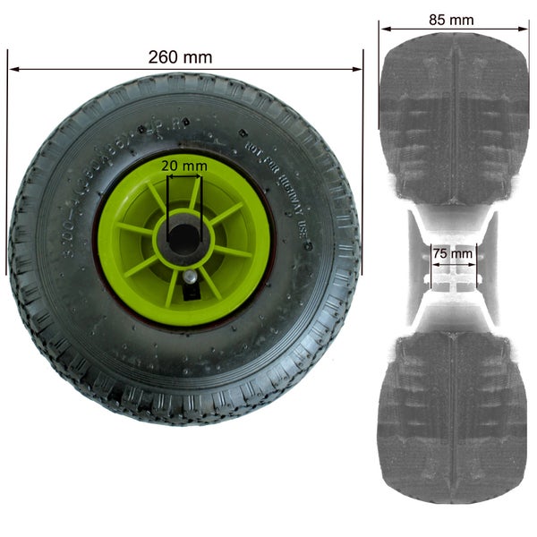 Luftrad mit den Maßen 260 Millimeter, 85 Millimeter und 20 Millimeter