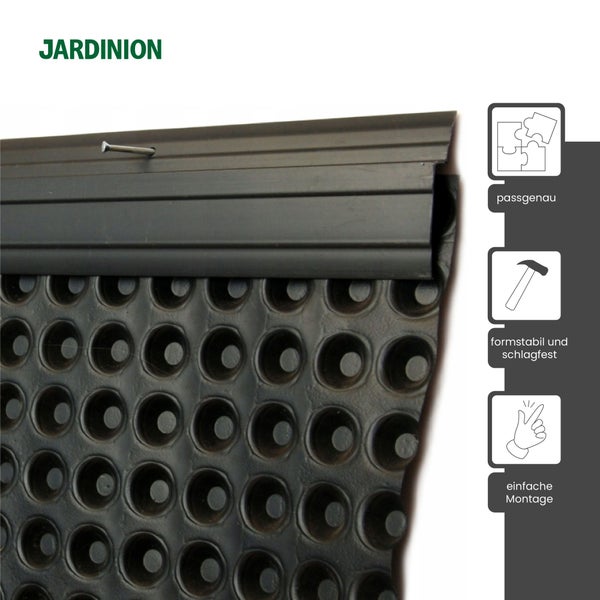 Jardinion Logo. Abschlussleiste für Noppenbahnen mit Symbolen für passgenaue Form, Schlagfestigkeit und einfache Montage.