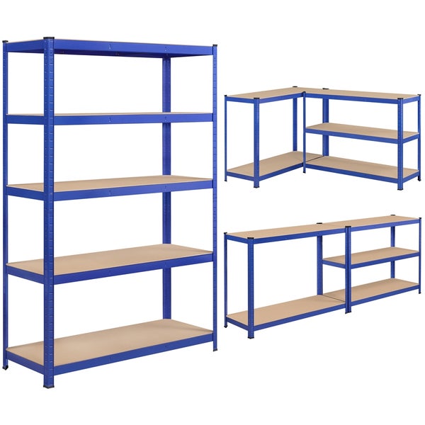Blaues Metall-Schwerlastregal mit fünf Holzböden, dargestellt in drei Varianten als hohes Regal, Eckregal und Werkbank.
